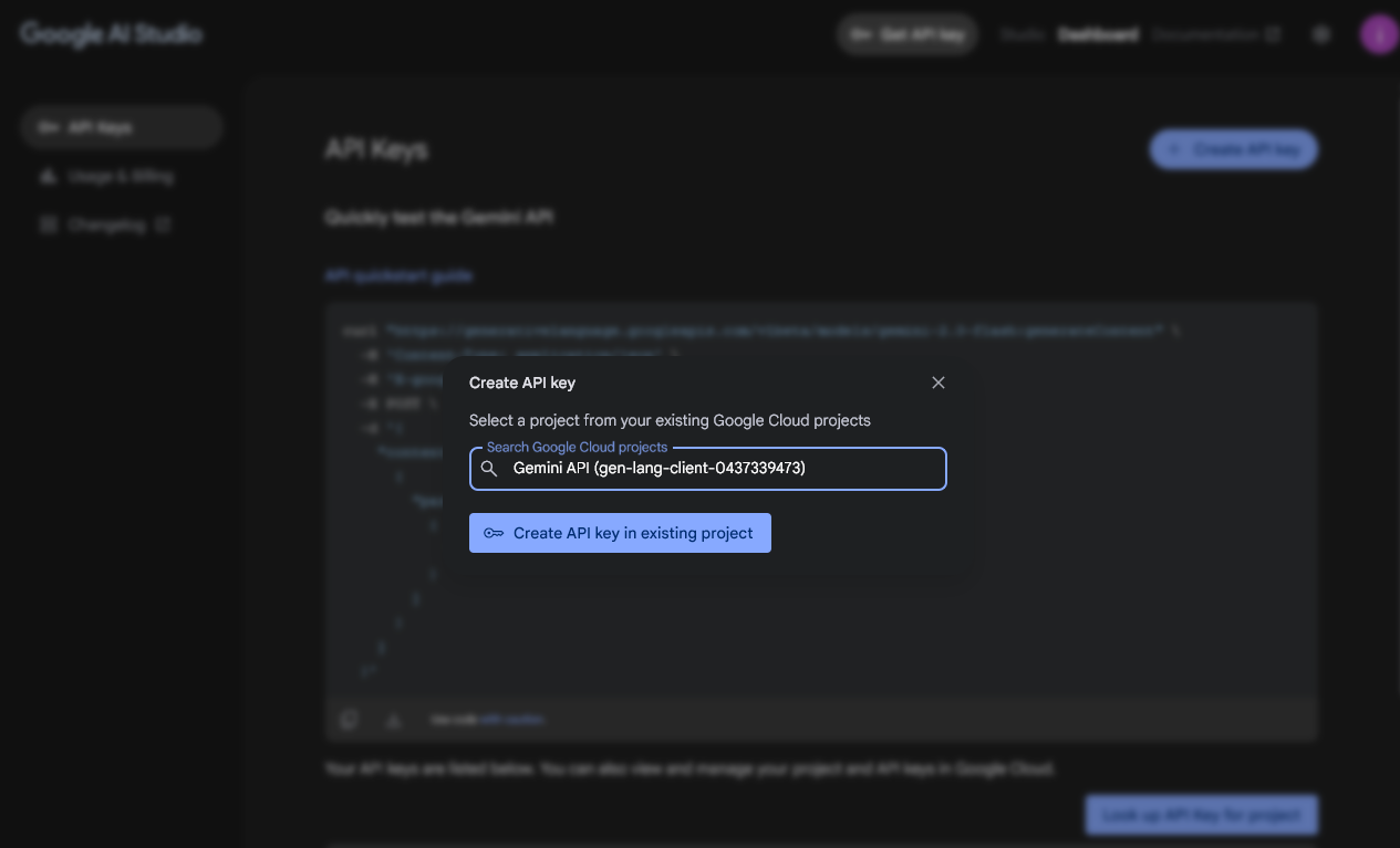 صفحه ایجاد کلید API در Google AI Studio